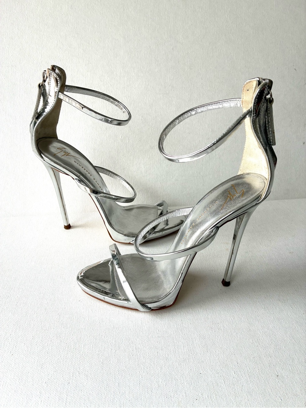 Giuseppe Zanotti Silver leather Ankle-Strap Stiletto Heels size 36